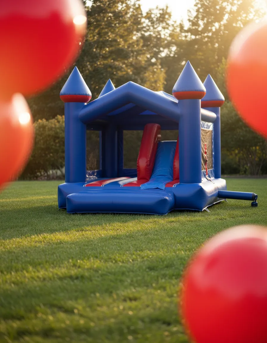 Pristine, colorful bounce house set up in a clean, sunny yard