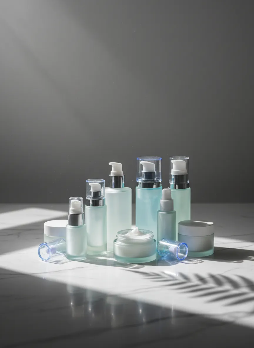 Premium botanical skincare products displayed in an elegant clinic setting