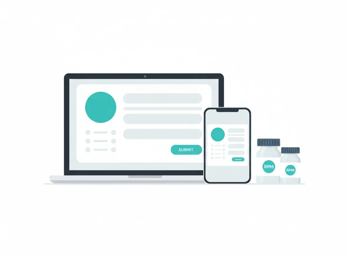 Graphic of online request form with two RPM medication bottles labeled Revive Performance Medicine