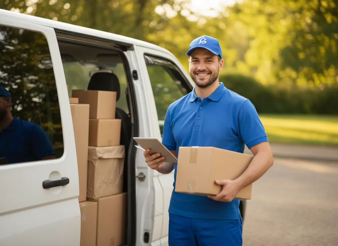 Delivery person in blue uniform holding a package and tablet near delivery truck