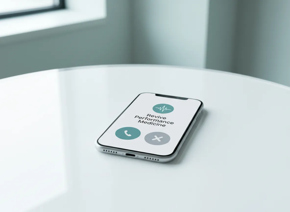 Smartphone screen showing an incoming call from Revive Performance Medicine