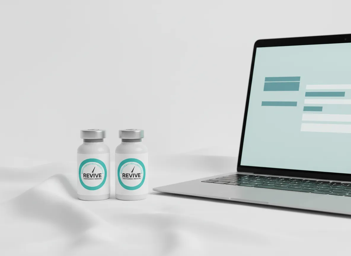 Two medication bottles labeled RPM Revive Performance Medicine next to online request instructions