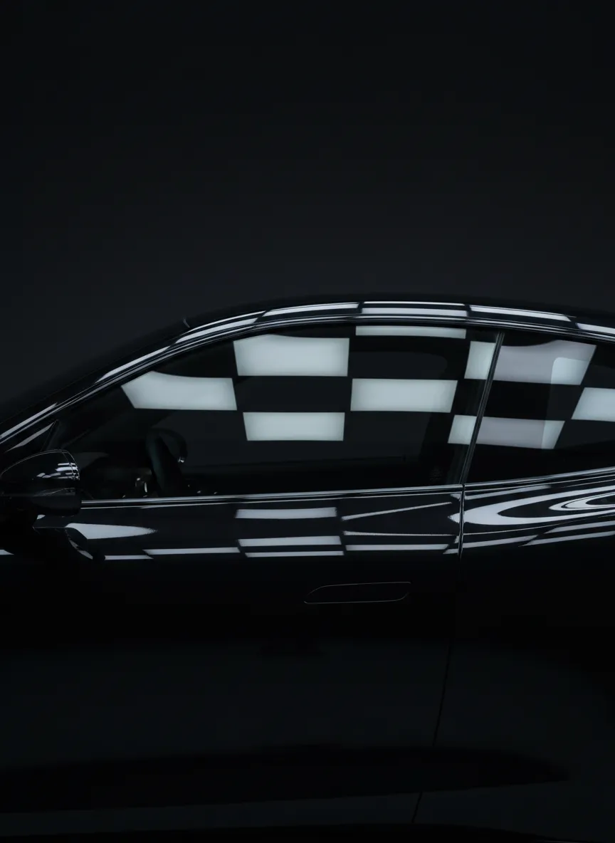 Obsidian finish mirror reflection on dark metallic paint
