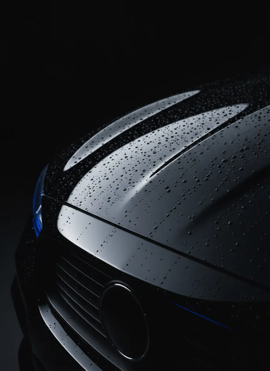 Obsidian finish detail macro shot showing intense gloss and water beading