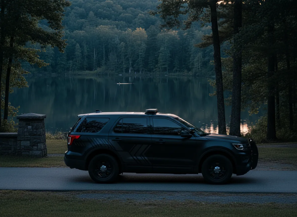 Security patrol vehicle near a lake and park