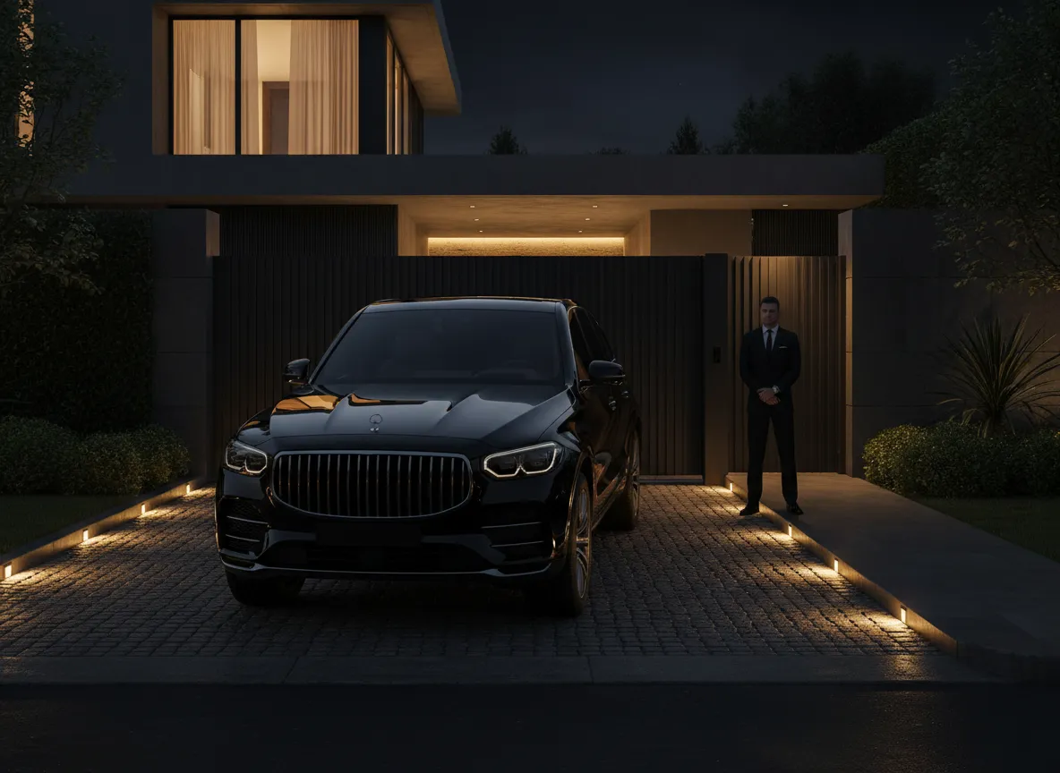 Sleek security vehicle outside a private residence at night