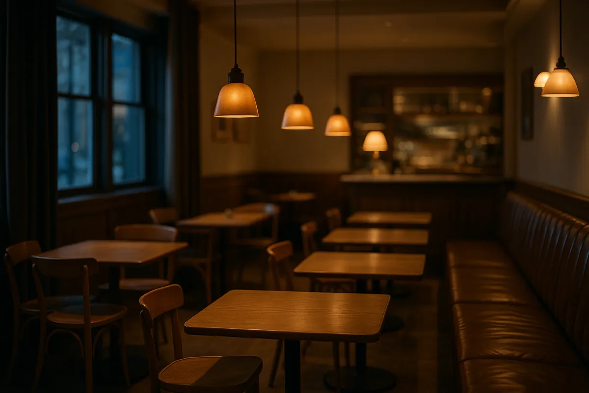 Elegant café interior at dusk with warm oak seating, leather banquettes, amber pendant lights and a softly blurred counter