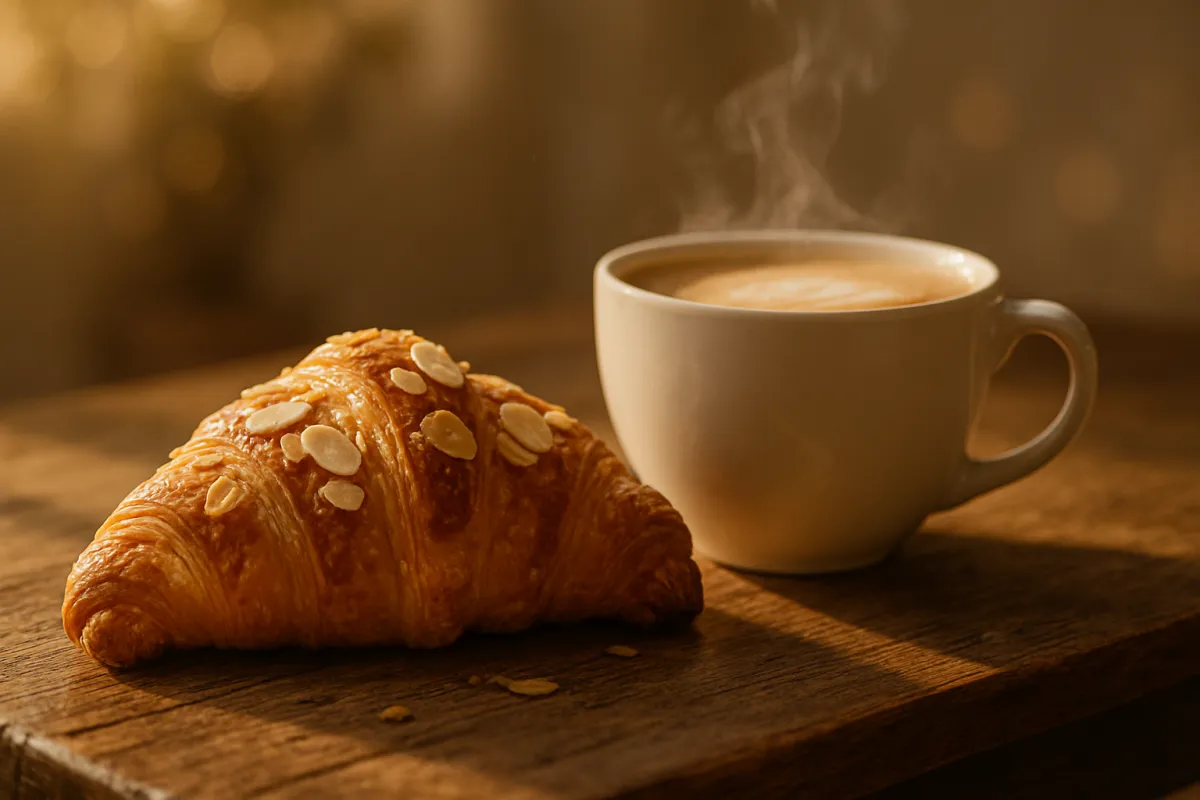 Crisp almond croissant beside a steaming latte on a reclaimed oak table, warm morning sunlight, soft bokeh background.
