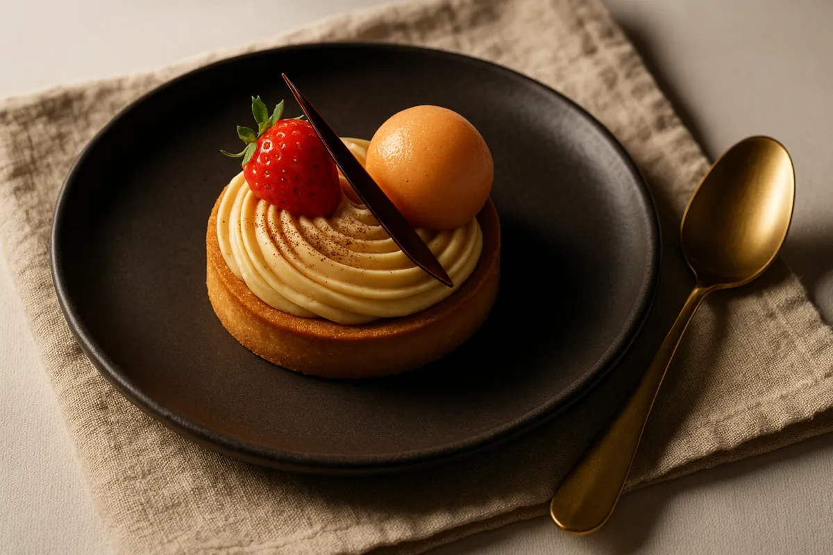 Close-up of plated dessert on matte plate with gold accent spoon, warm directional lighting