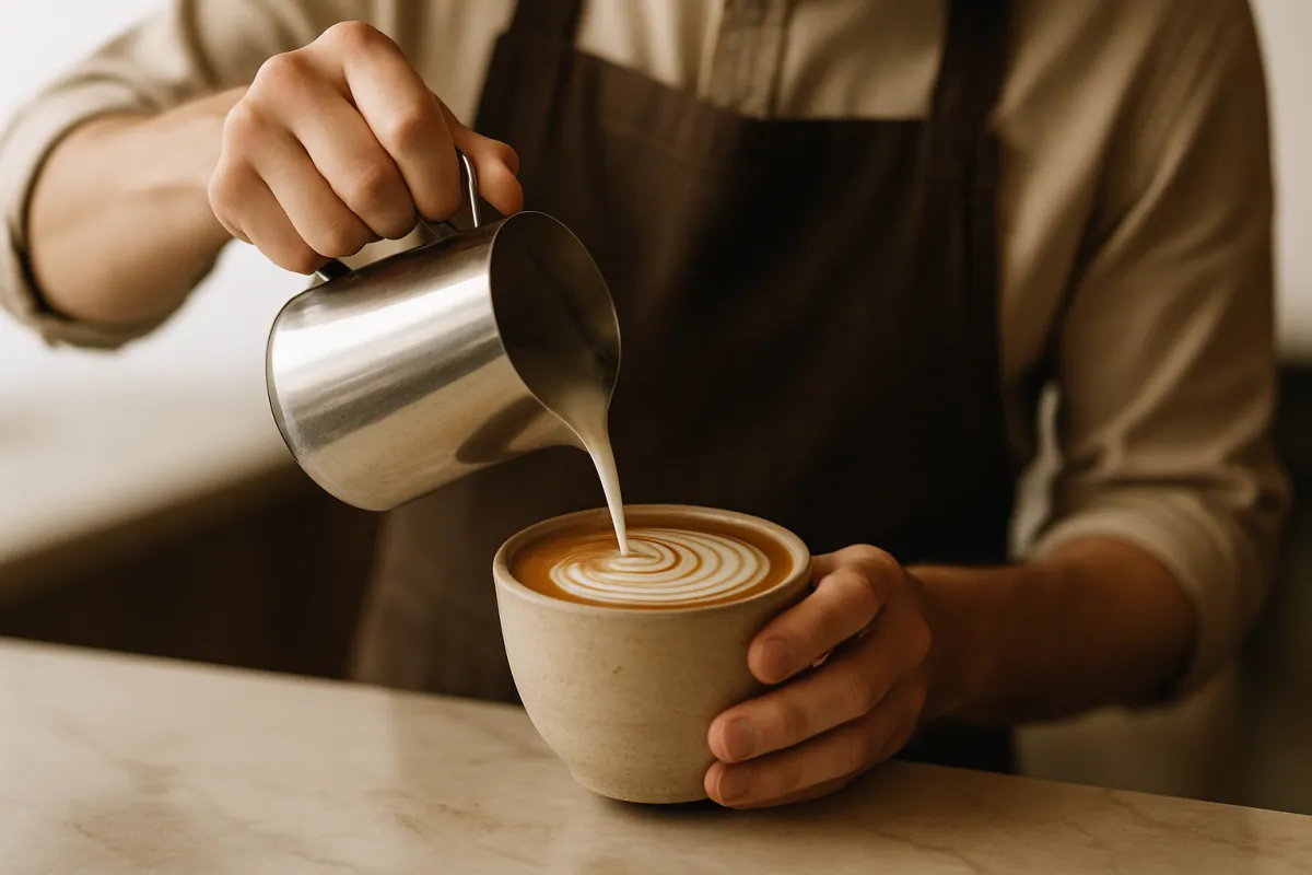 Barista pouring latte art over a ceramic cup at the marble bar, shallow depth of field