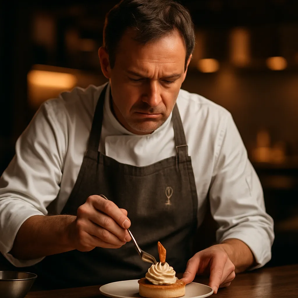 Senior pastry chef plating a delicate dessert in an open kitchen, photorealistic portrait.
