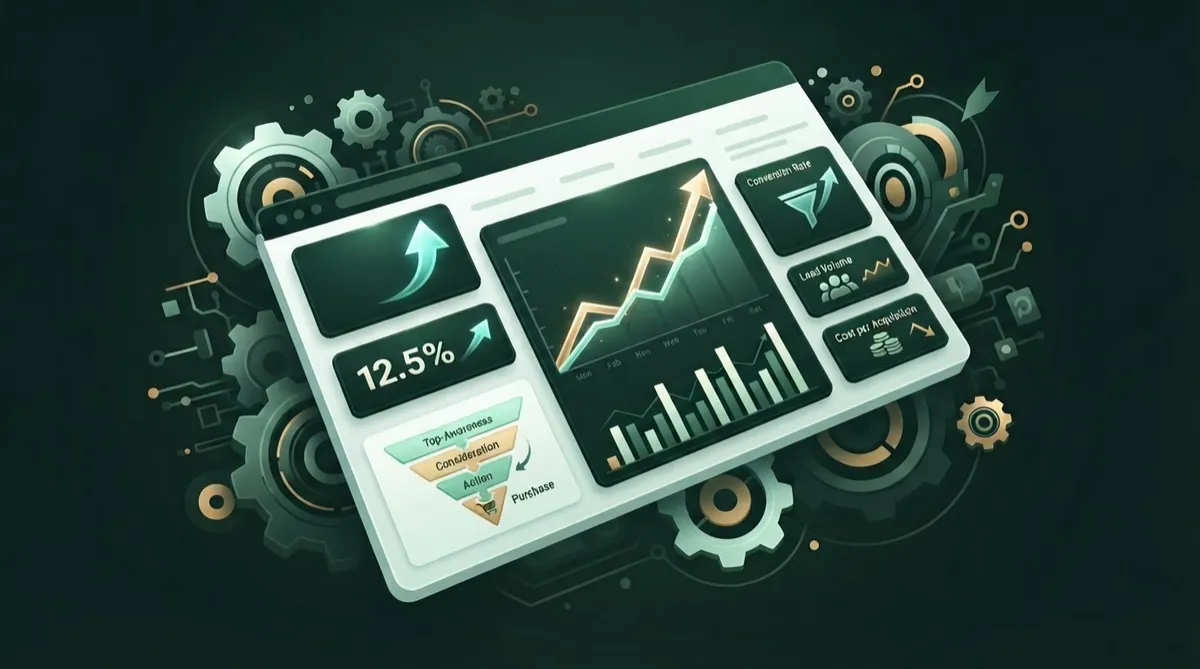 Modern analytics dashboard and conversion funnel illustration representing a performance marketing growth engine