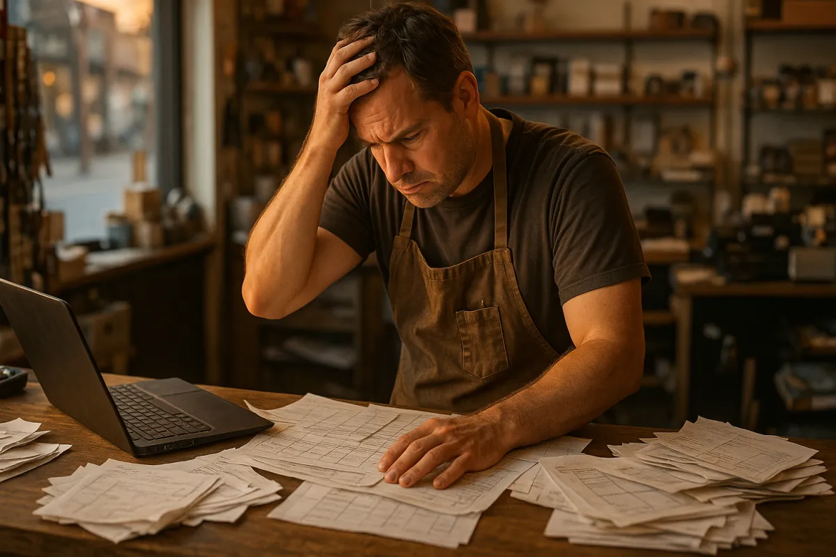 Small retail owner overwhelmed at a cluttered service desk reviewing schedules and a laptop