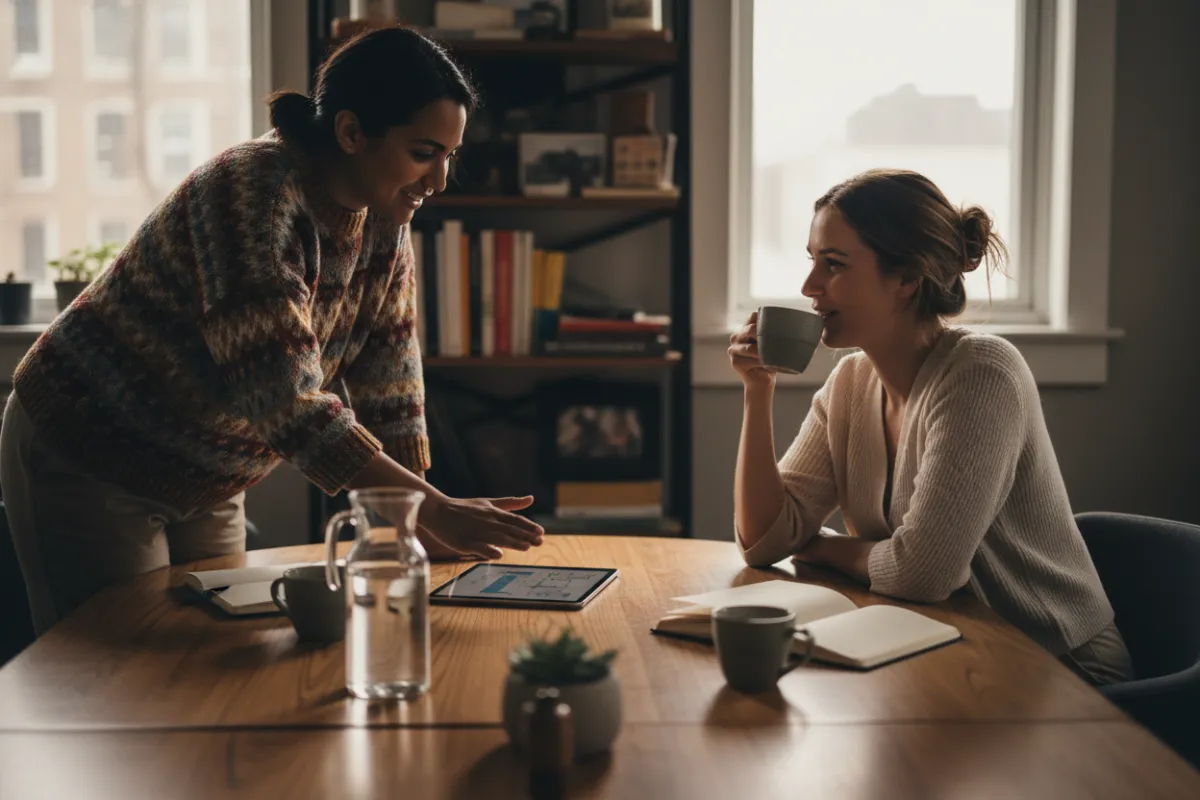 Twee collega’s in gesprek bij een vergadertafel, informele en familiale sfeer, zachte warmere tinten en natuurlijke belichting, fotografering in documentaire stijl die samenwerking en nabijheid benadrukt.