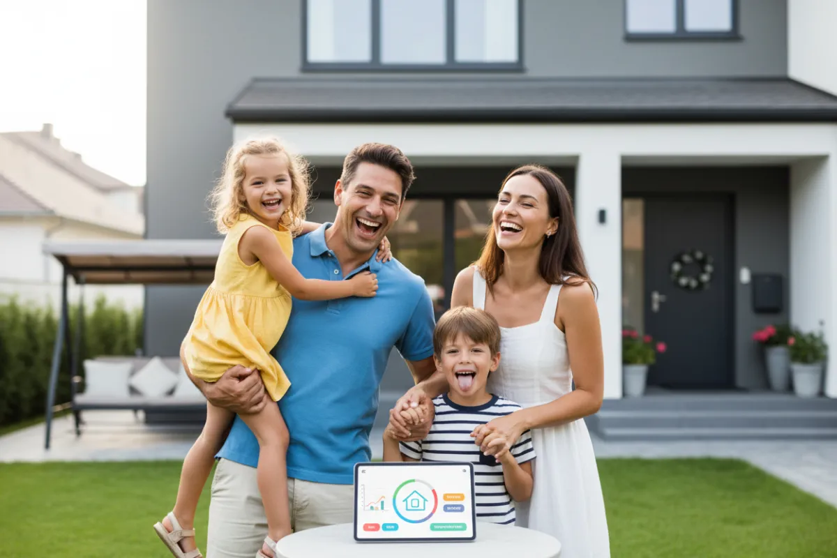 Family smiling in front of their home, candid moment, illustrates family insurance context