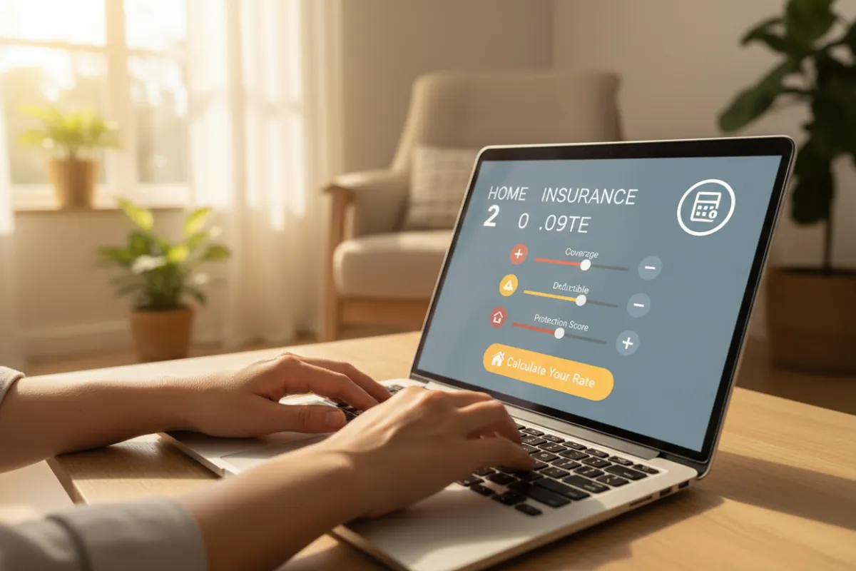 Hands typing on a laptop showing a home insurance form on screen
