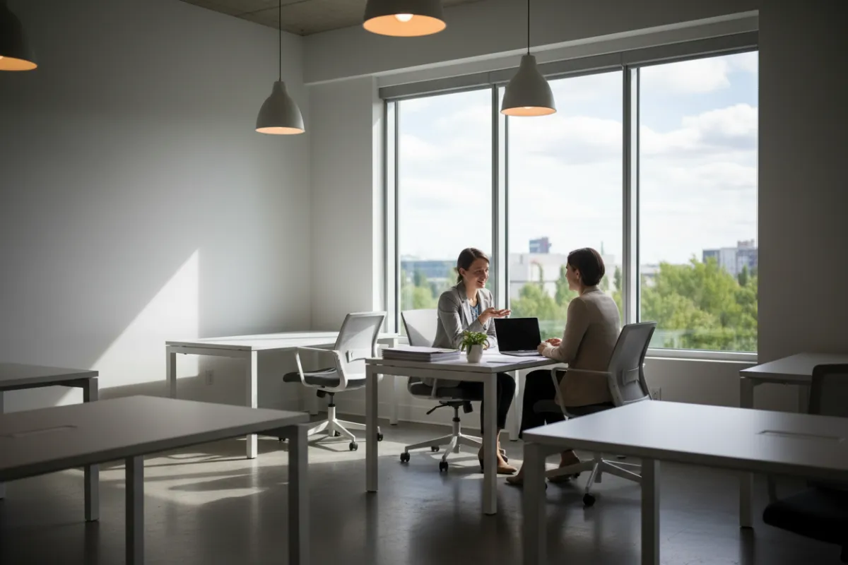 Licht en modern kantoorinterieur met een adviseur aan een nette werkplek, groot raam met zachte daglichtinval, minimalistische bureaus en laptop zichtbaar, photorealistische stijl die een toegankelijke, professionele werksfeer uitstraalt.