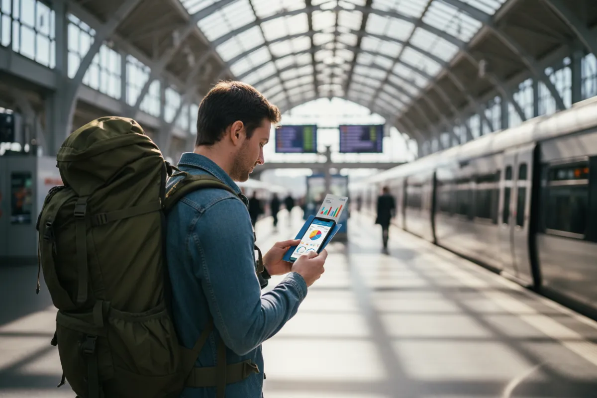 Traveler with backpack and passport checking an insurance quote on a smartphone at a sunlit train station