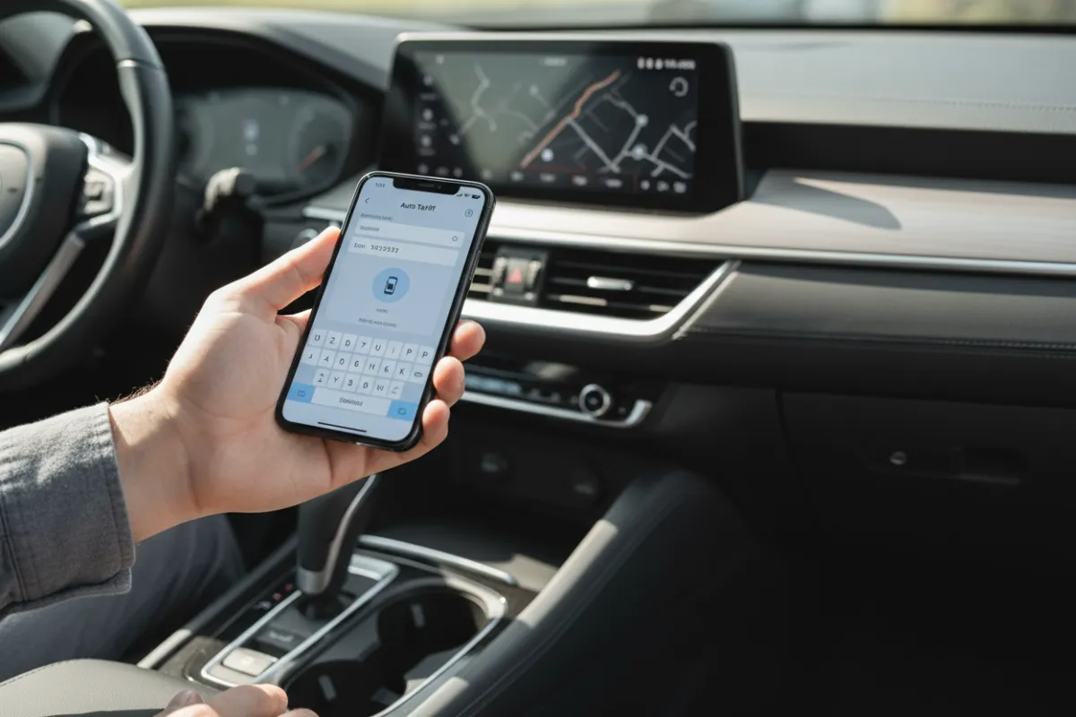 Close-up of a car dashboard with a driver entering license plate into a phone app to start an auto tariff calculation