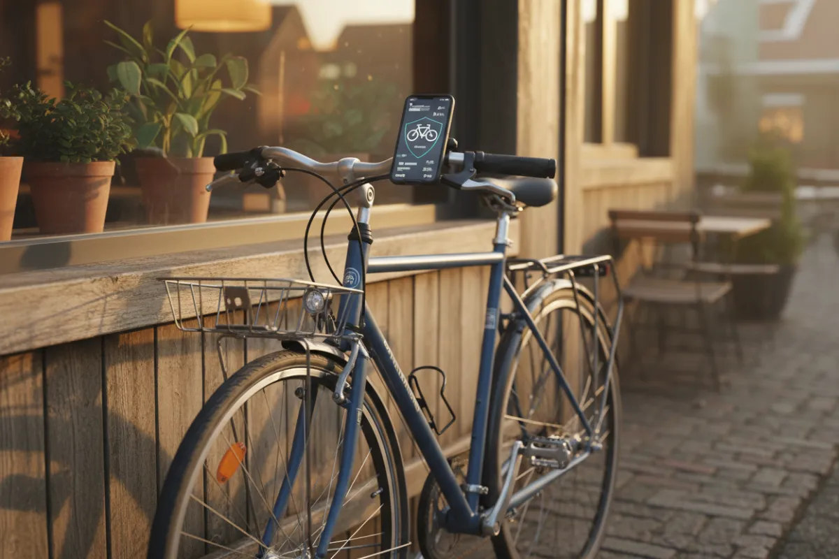 Close-up of a commuter bicycle parked near a café, with a smart phone showing a bike insurance estimate