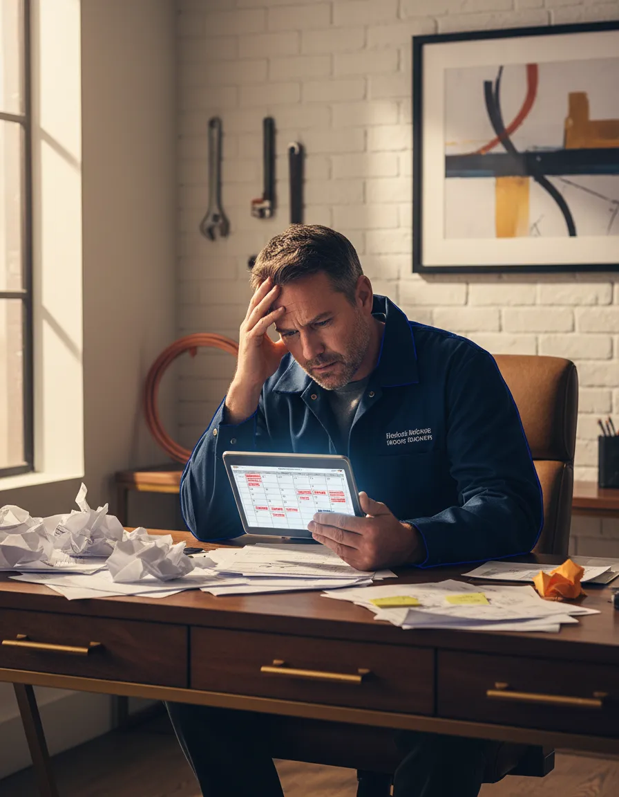 Stressed plumbing business owner looking at a tablet missing jobs