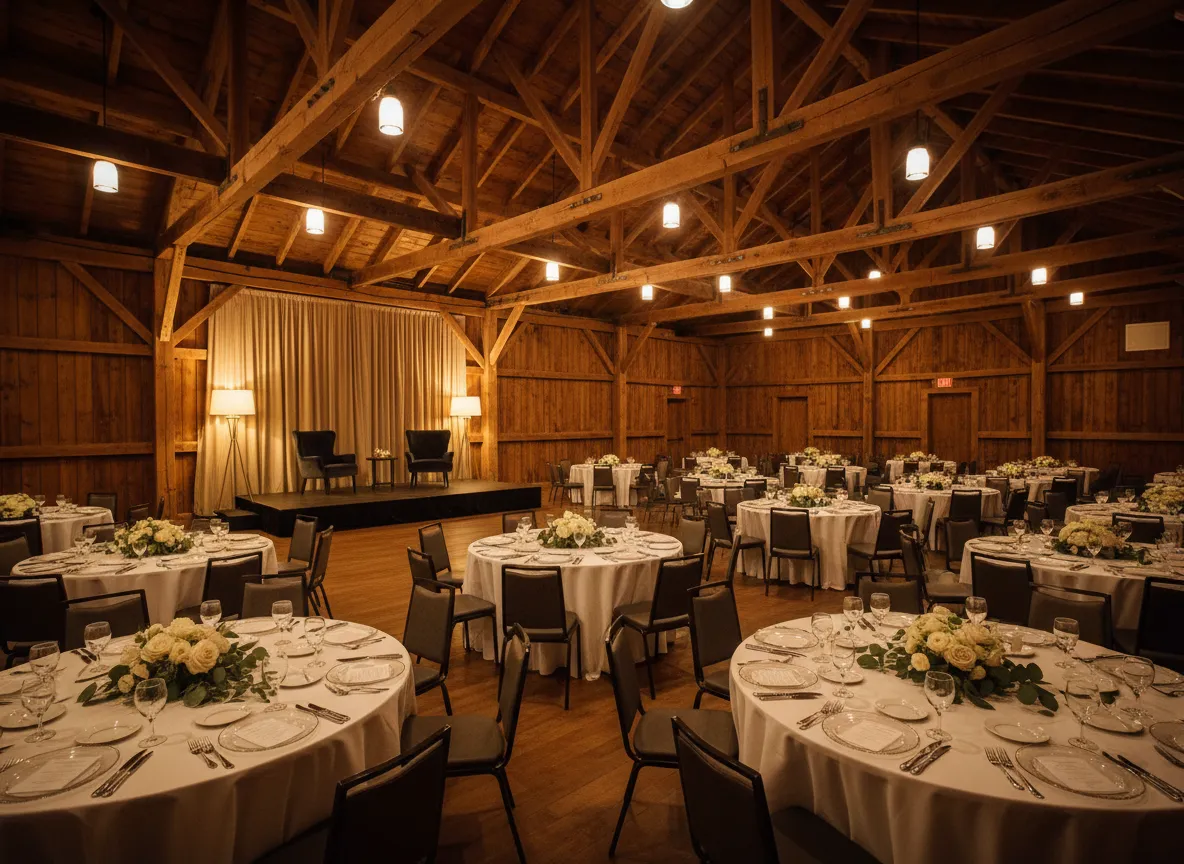 Elegant barn interior with warm lighting