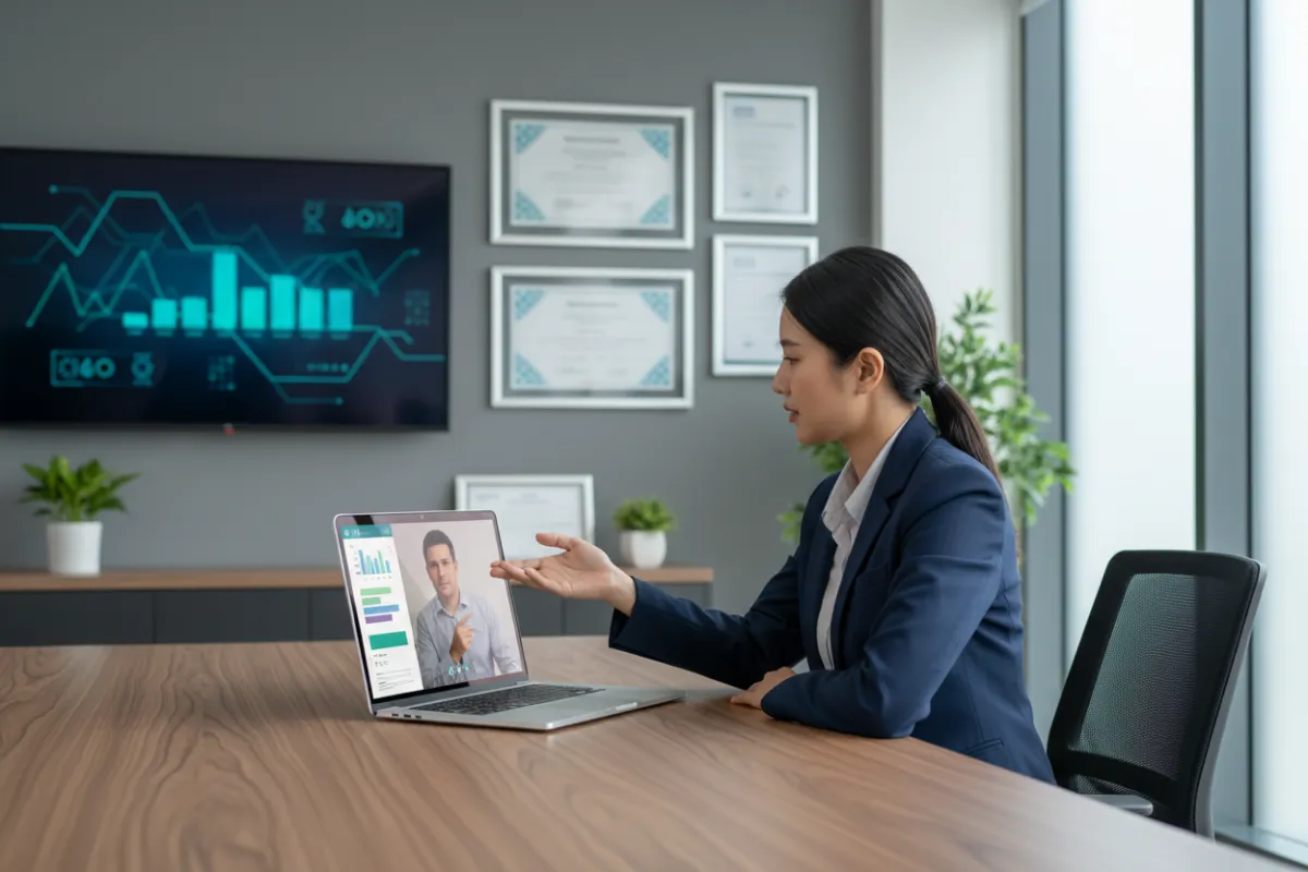 Healthcare executive in a modern office, video conferencing with a product specialist on a laptop, reviewing EHR features. The background shows digital charts and compliance certificates, highlighting a secure, professional environment.