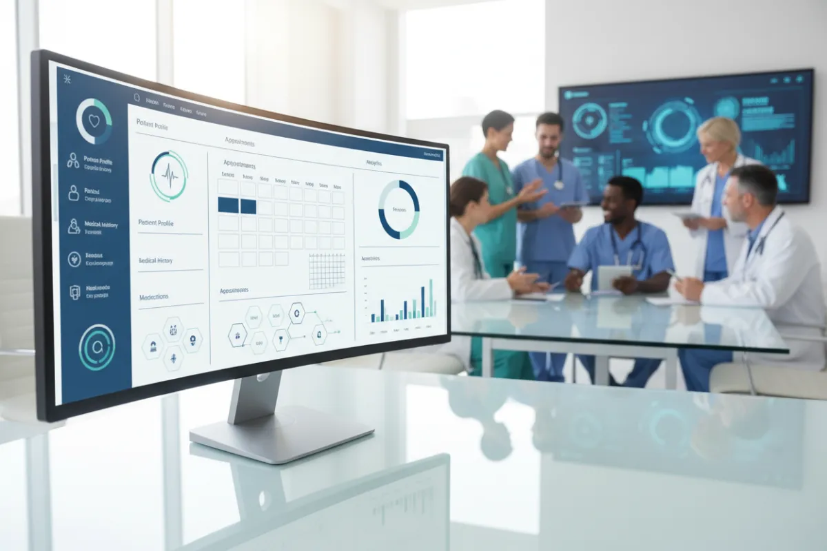 Modern EHR dashboard interface with patient data, appointments, and analytics, shown on a large monitor in a bright, high-tech hospital office. Diverse healthcare professionals are collaborating in the background, emphasizing teamwork and digital transformation.