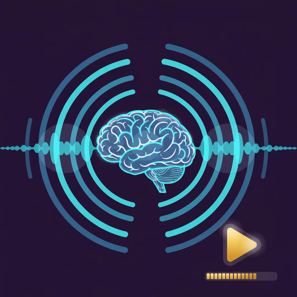 Abstract brain image with site-colored sound waves and a visible playback indicator