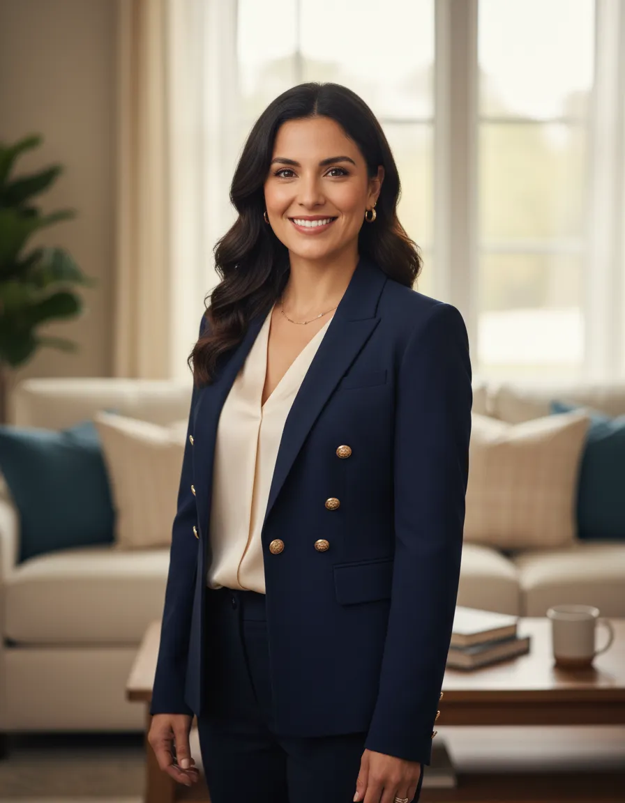 Foto profesional de agente de seguros hispana sonriendo con una familia