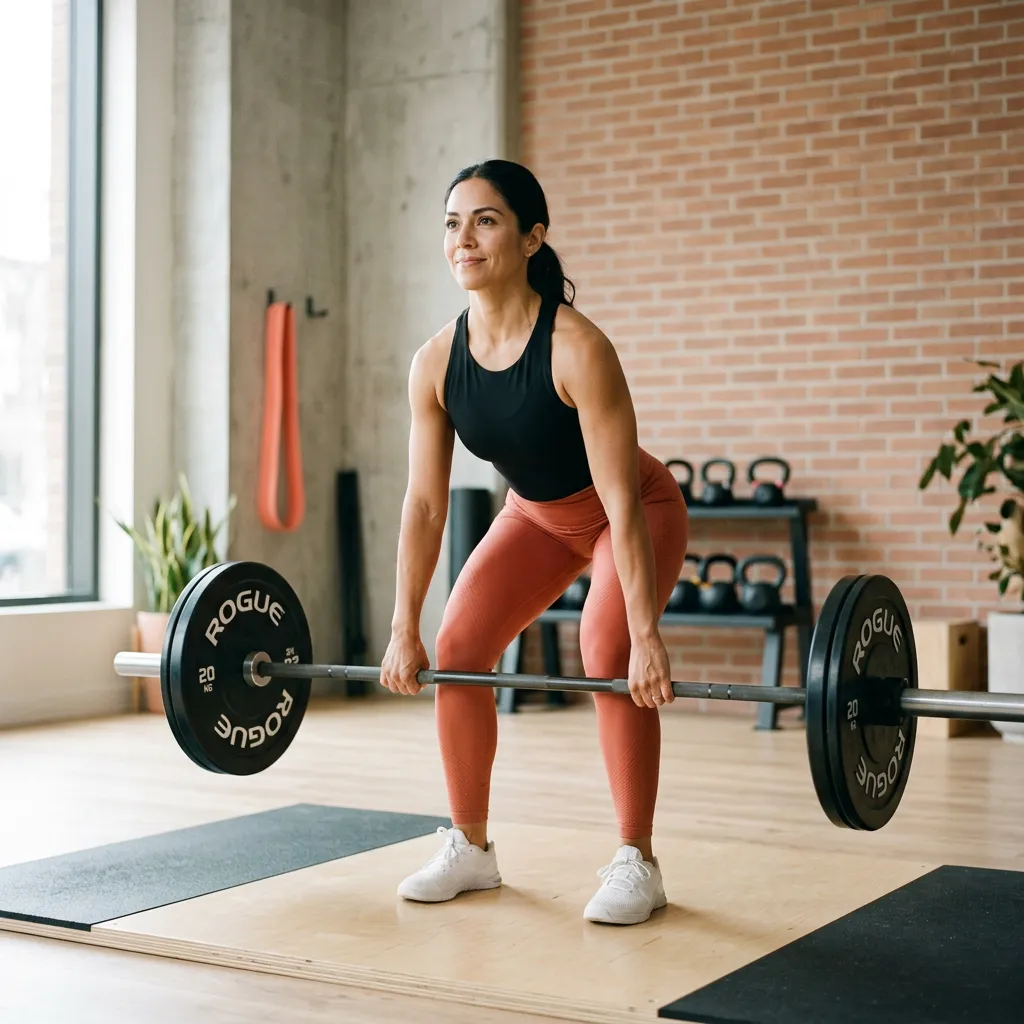 Belén entrenando fuerza con técnica y consciencia en un entorno luminoso y natural