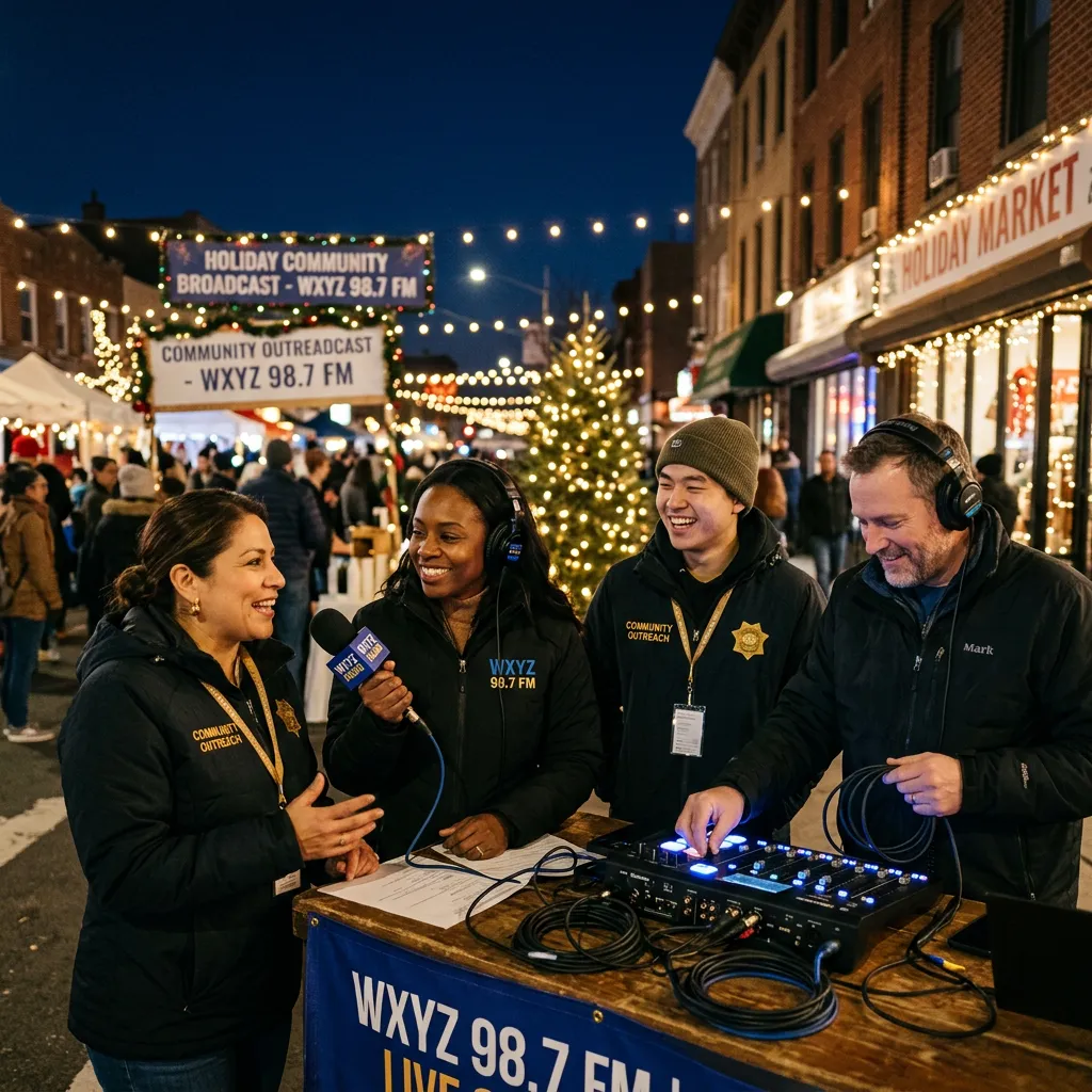 Community outreach volunteers and radio broadcast team collaborating during the holiday campaign