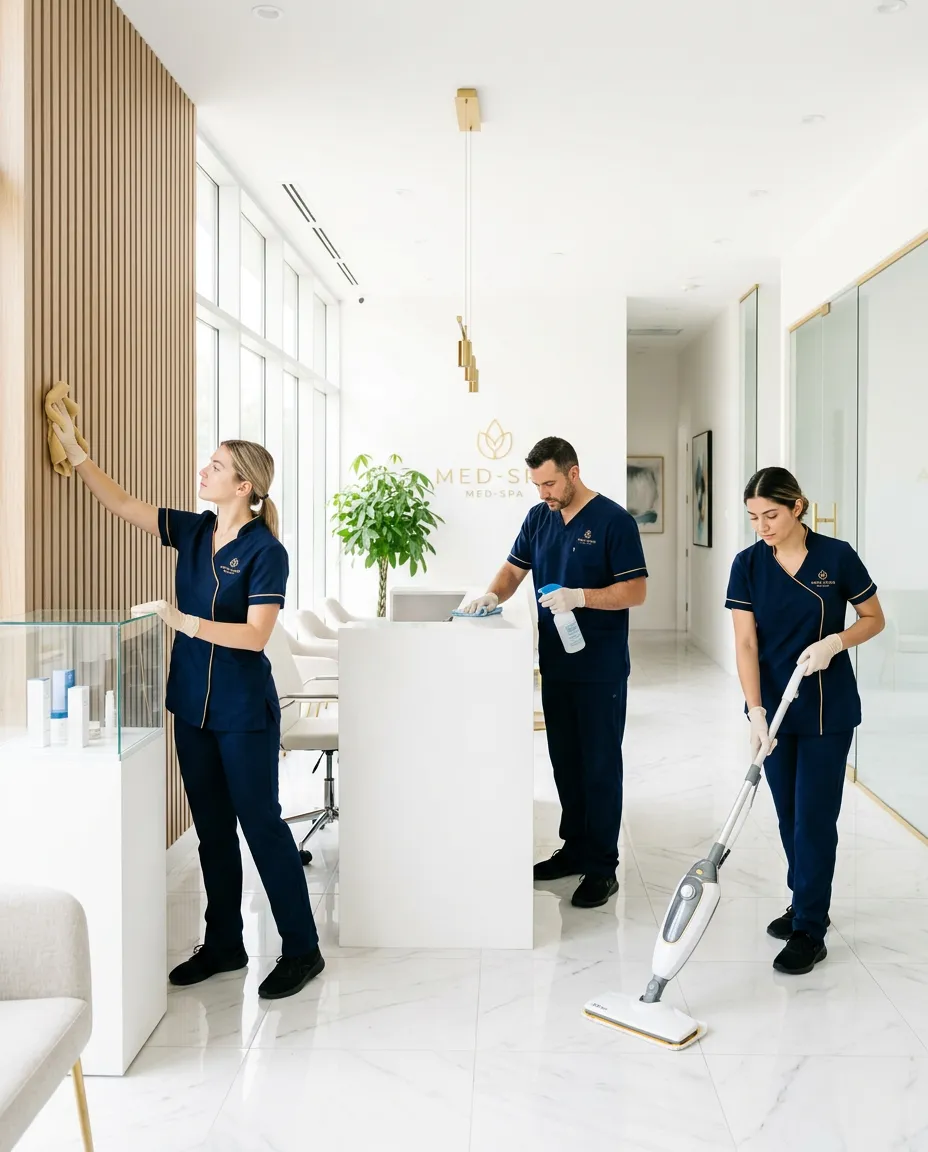 Cleaning crew working in a bright, modern commercial med spa facility