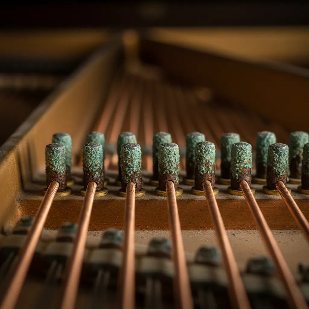 Macro photo of piano strings showing coastal humidity effects