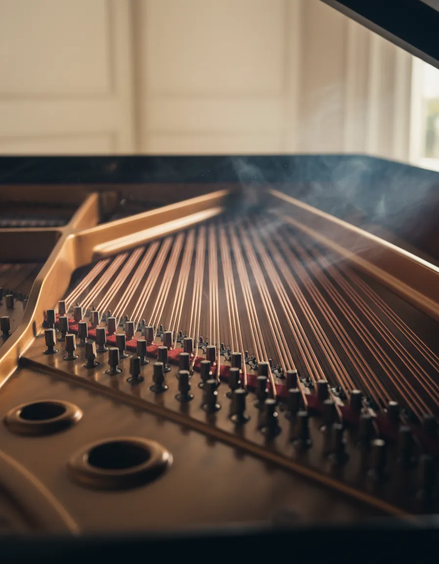 Internal view of piano strings with a subtle, atmospheric mist signifying coastal humidity