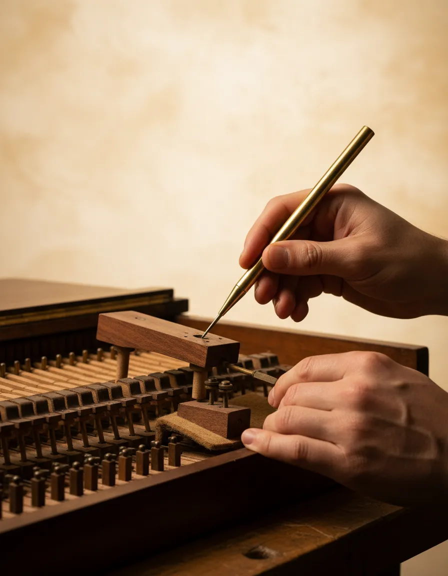 Hands working delicately on an antique piano action