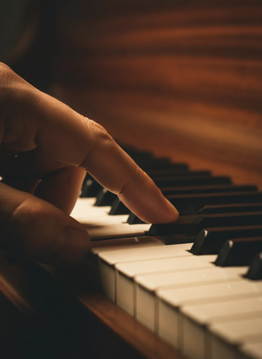 Professional piano tuner's hand making precise adjustments to a grand piano key