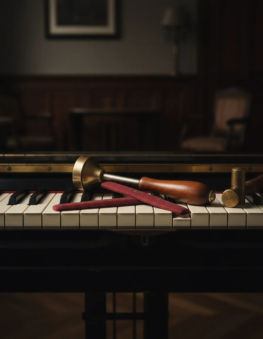 Vintage piano tuning tools resting on piano keys in moody lighting