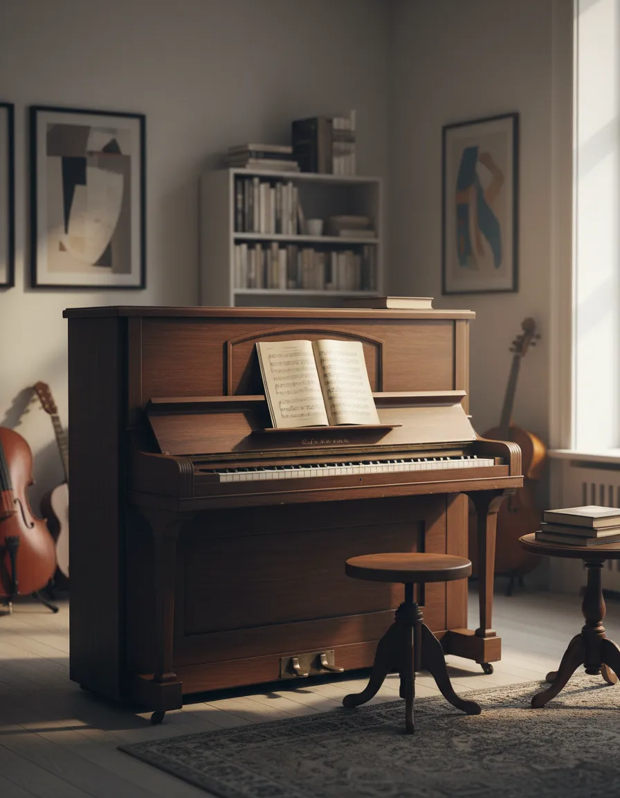 A piano sitting in a school music room or private lesson studio.