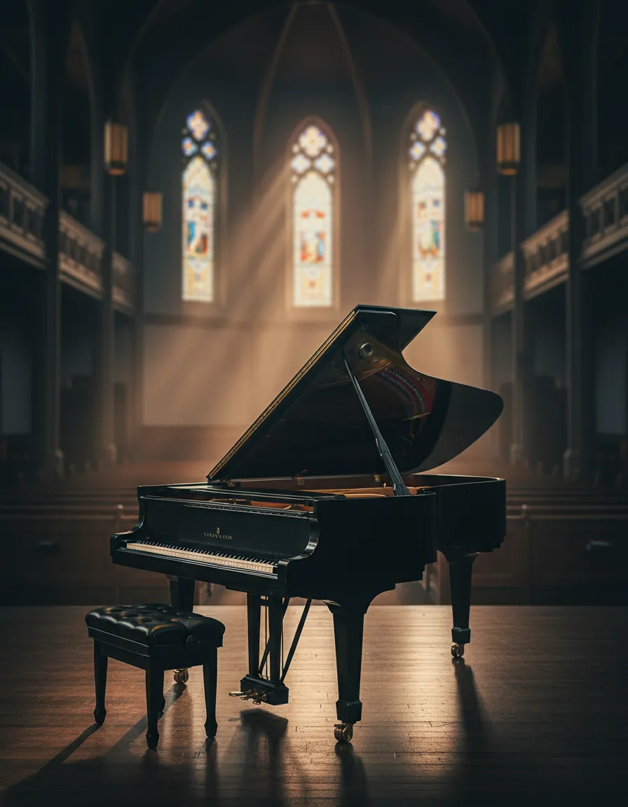 A beautiful piano in a large church sanctuary, illuminated by natural light.