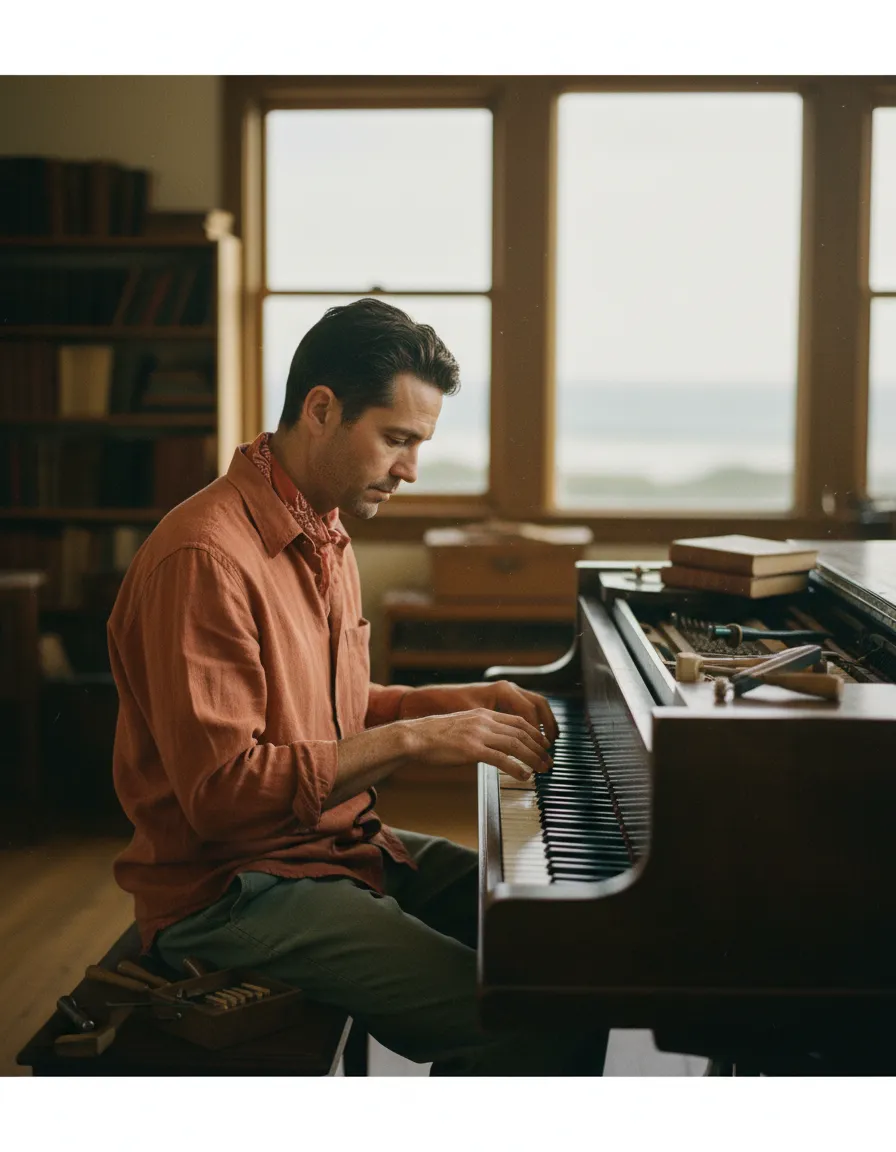 A high-grain, warm portrait of the tuner at a 1902 Hobart M. Cable piano