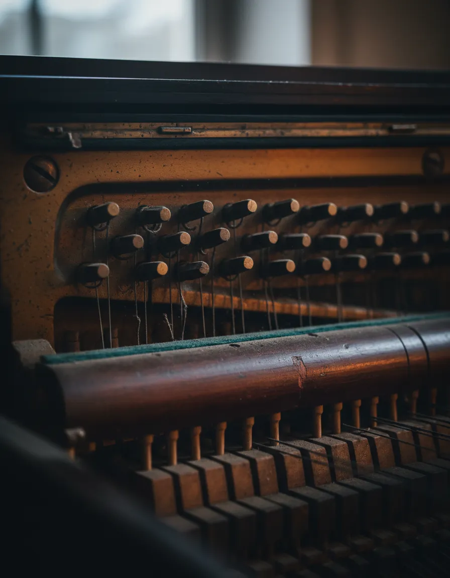 Detailed view of internal piano mechanics highlighting physical stress points
