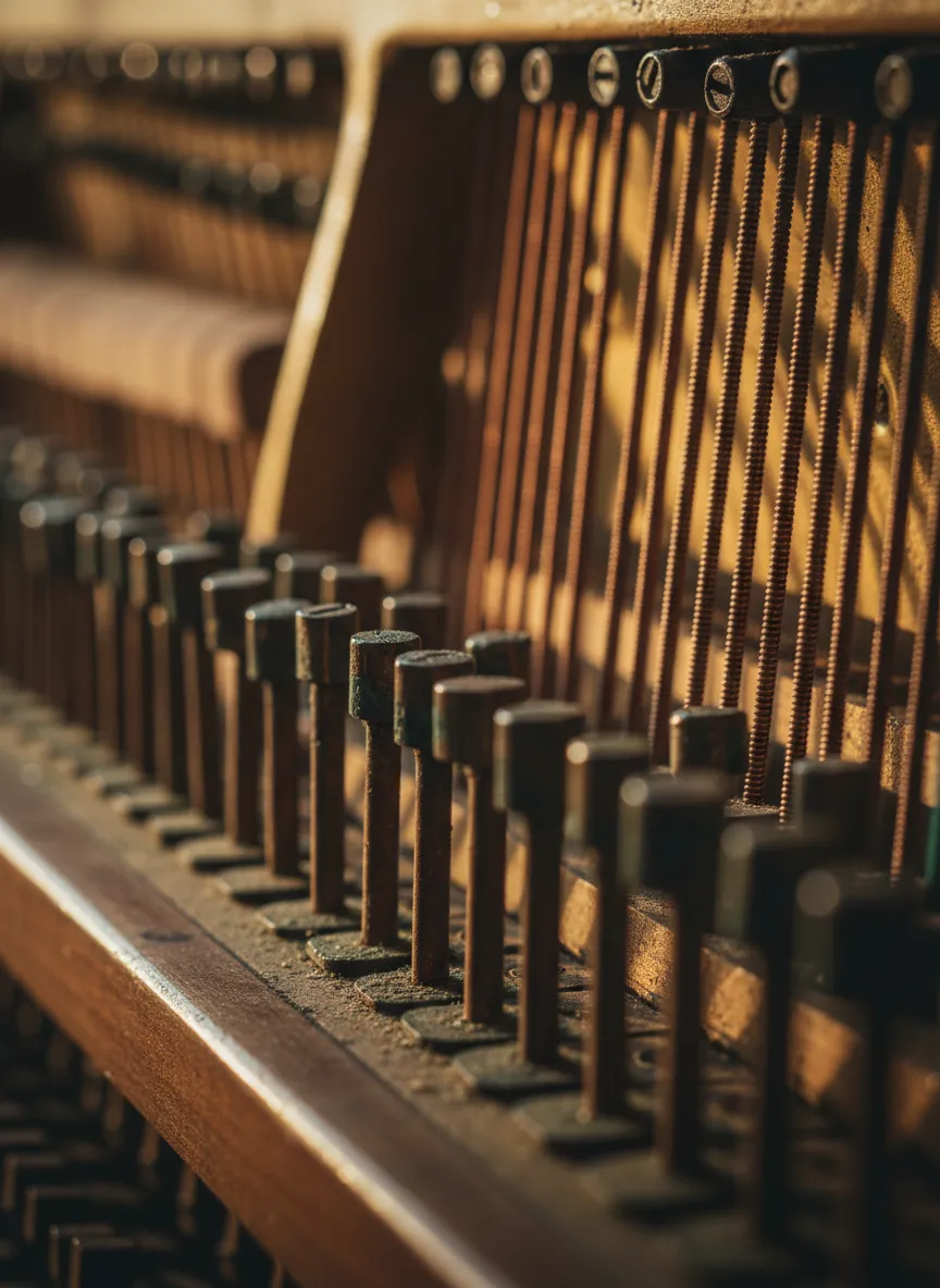 Immersive photo of piano strings showing subtle texture and age in a coastal home