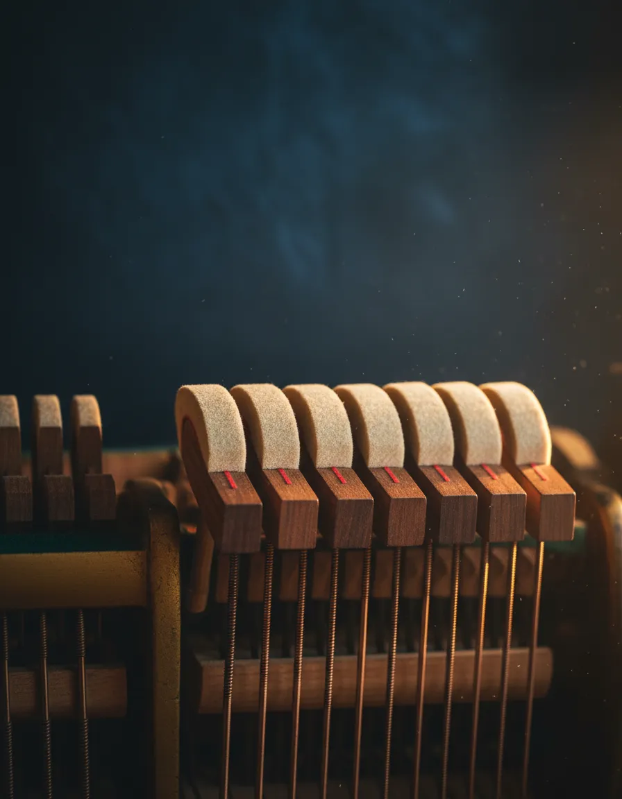 Intricate vintage piano mechanics, hammers and strings.