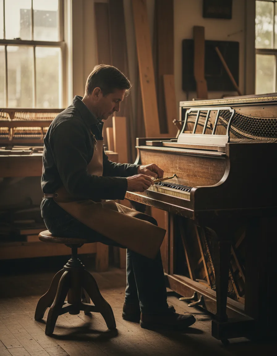 Master tuner carefully working on a piano action in natural coastal lighting