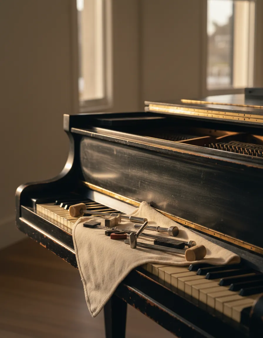 Vintage 1902 Hobart M. Cable piano with tuning tools bathed in warm coastal lighting