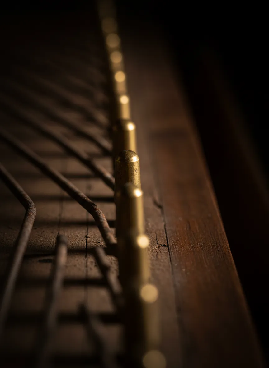 Macro photography showing delicate tuning pins and rusted strings of a century-old piano