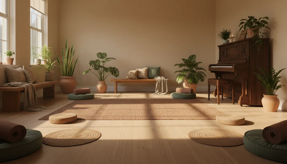 A serene meditation and yoga space with an elegant upright piano in the corner