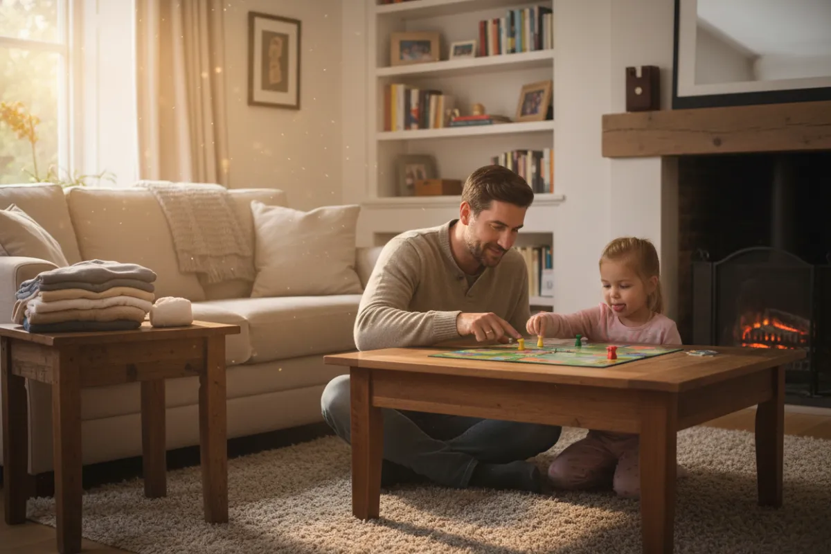Father and daughter playing board game in living room, laundry neatly folded on table, warm evening light, cozy home, 3:2 aspect ratio