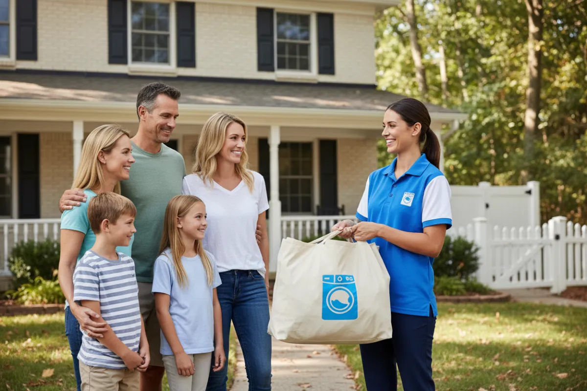 Professional in branded uniform collecting a laundry bag from a cheerful family at their doorstep, suburban setting, natural daylight, 3:2 aspect ratio